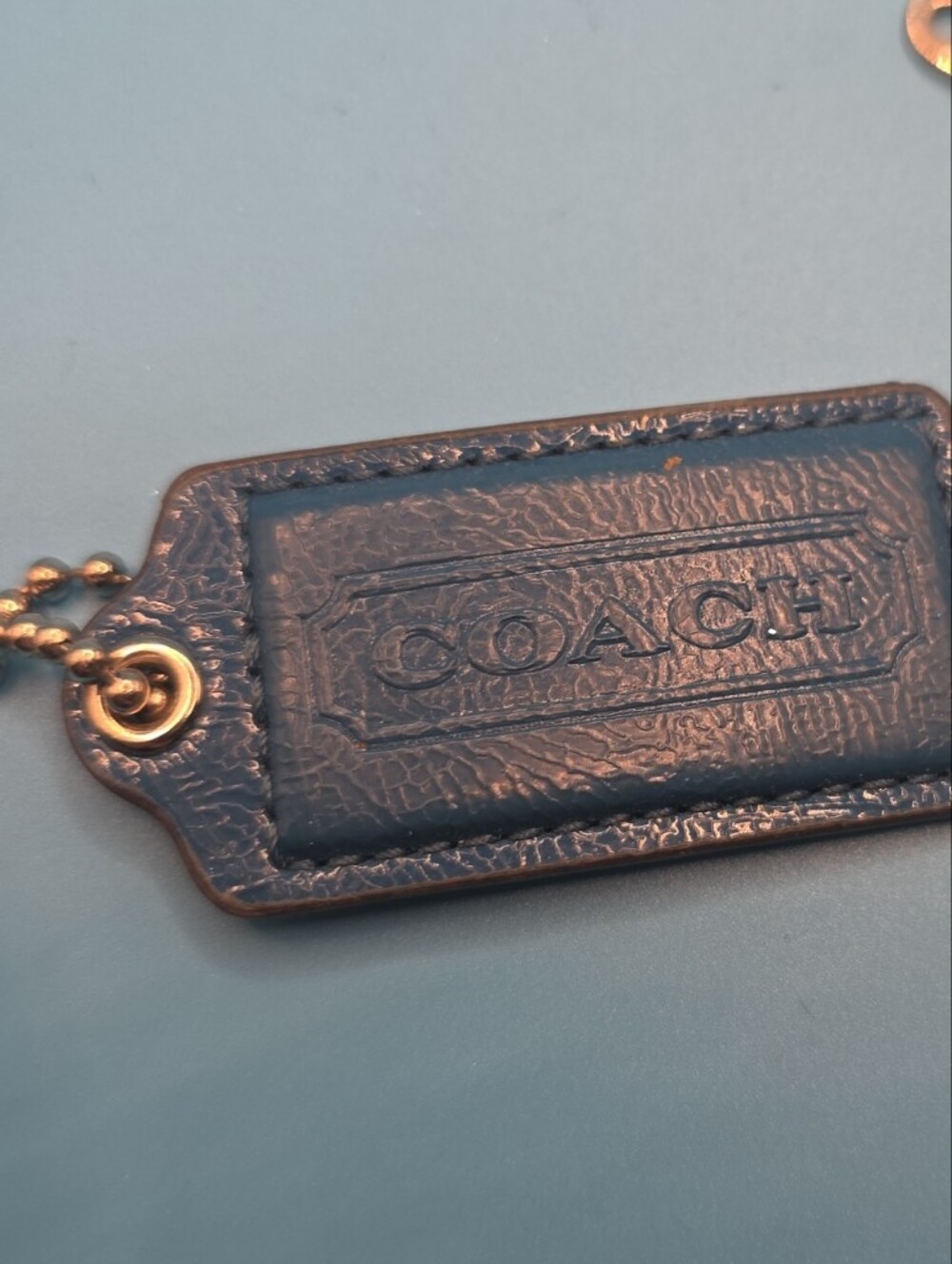Coach Navy Leather Tag Keychain with Gold-Tone Chain